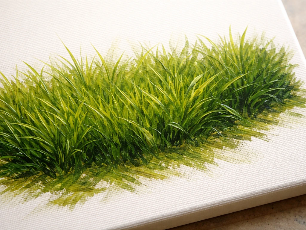 Geleidelijke acrylverf-schildering van gras met zichtbare penseeltextuur op een schilderdoek