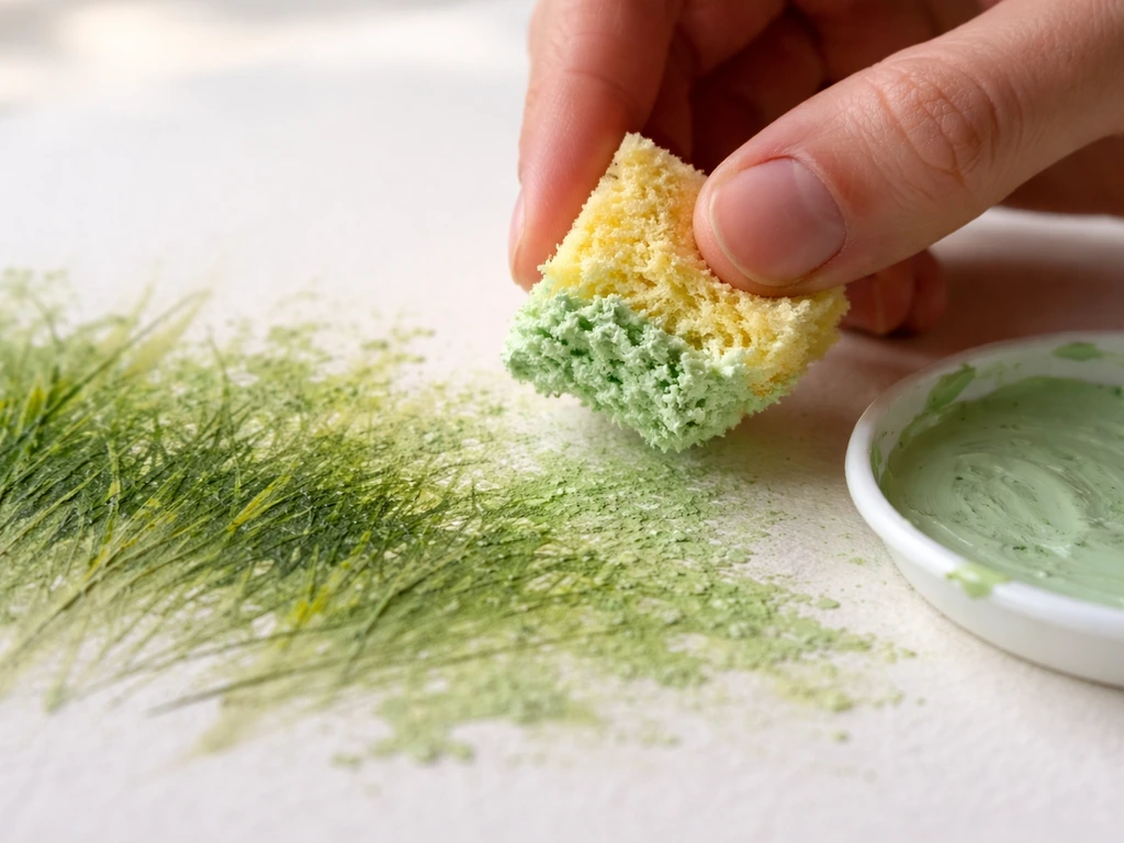 Hand met gescheurd sponsje dat onregelmatig in verf gedoopt is om gras te stippen en diepte te geven