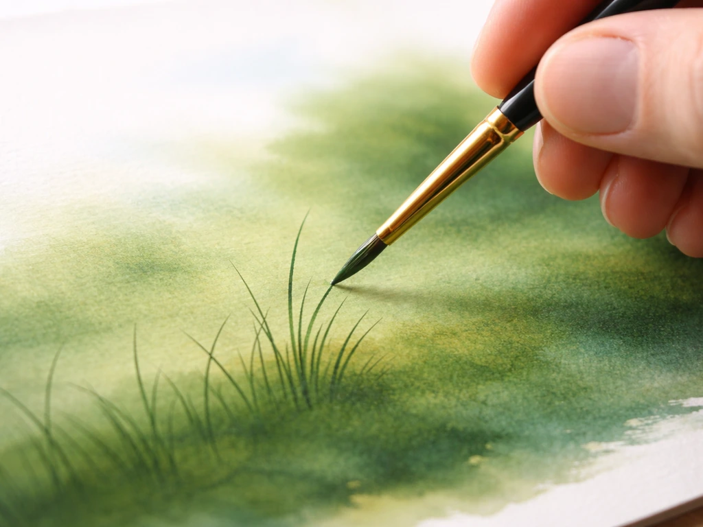 Close-up van een fijn spits penseel dat gebogen grasspriet-lijntjes schildert in groene verf.