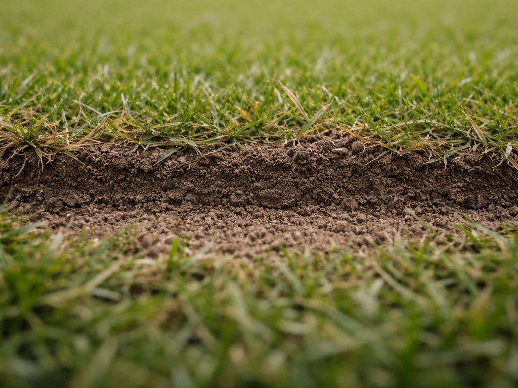 Close-up van verdichte grond op een voetbalgrasveld met samengedrukt gras en zichtbare bodemrand.