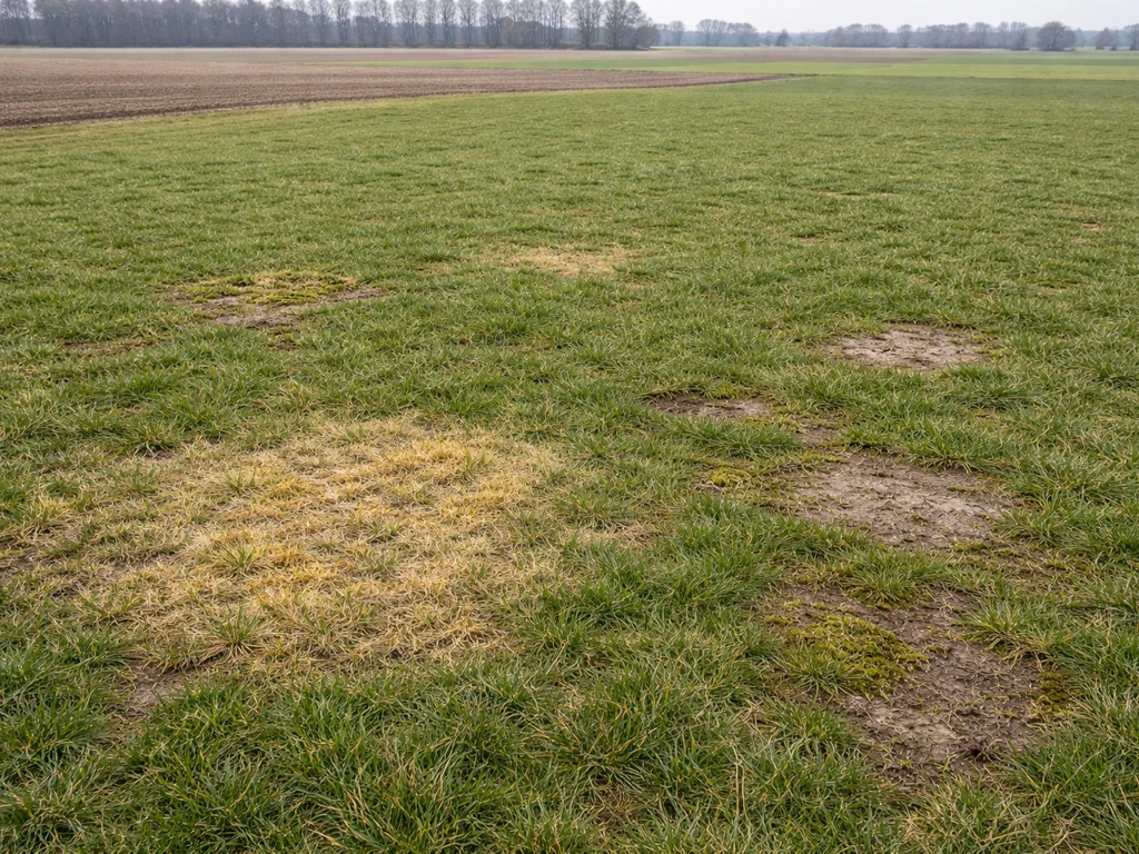Veld met gele plekken, mos en kale plekken in het gras, bedoeld om problemen te herkennen.