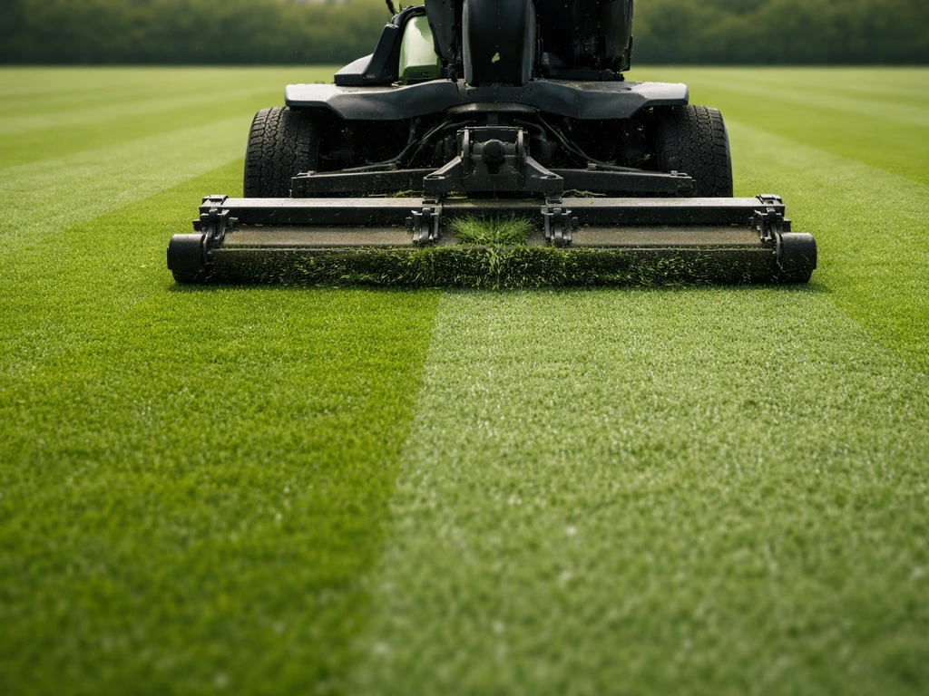 Maaimachine die een voetbalveld maait op een gelijkmatige maaihoogte van circa 28 mm