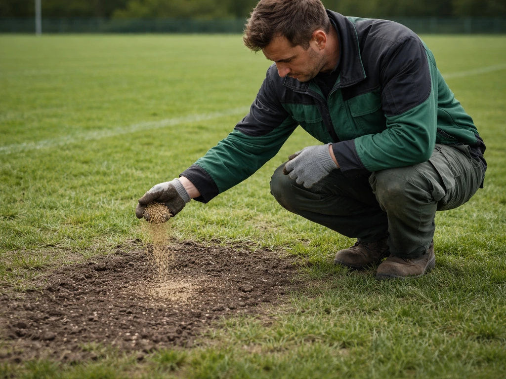Man trekt beluchtingsprikken in een voetbalveld en zaait direct zaad in kale plekken