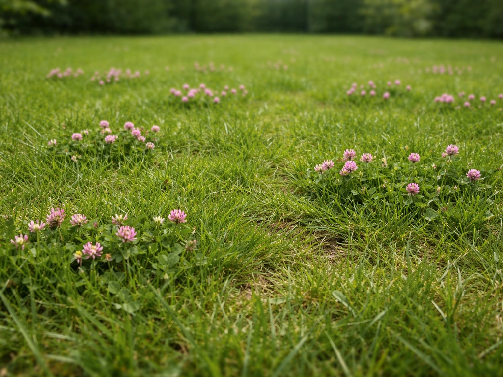 Nederlands gazon met verspreide roze bloempjes tussen het gras, duidelijk zichtbaar voor een herstelgids