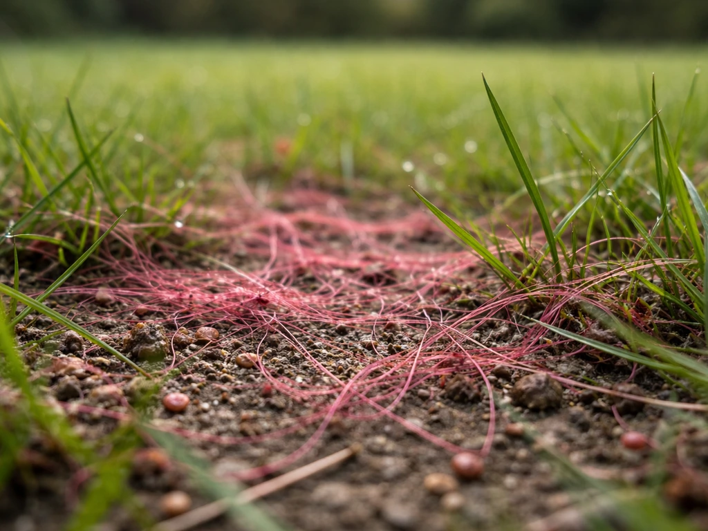 Close-up van roze/roodachtige draadjes en vlekjes tussen grassprieten op een gazon