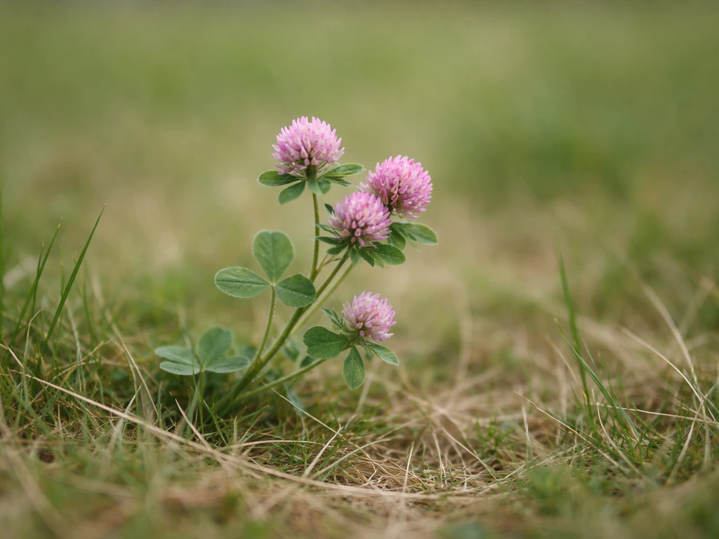 Klein plantje met roze bloemetjes tussen het gras, close-up in een rustige buitenomgeving