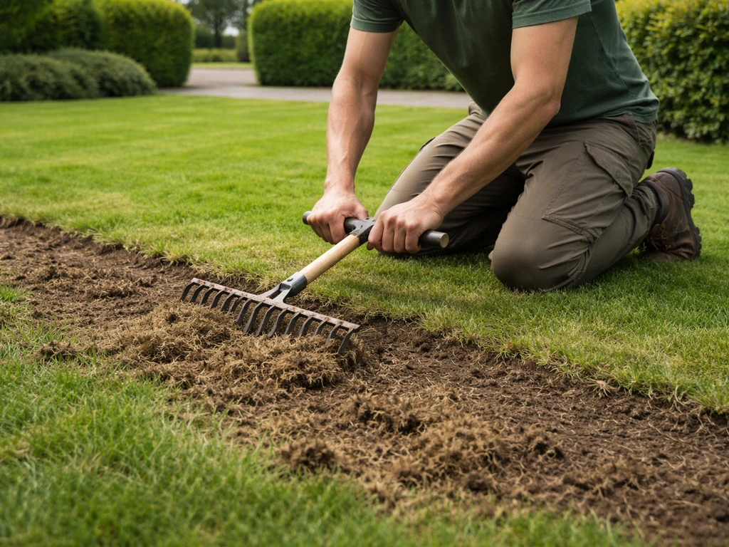 Tuinier belucht een Nederlands gazon met een verticuteerhark; zichtbaar losgemaakte grond en vilt