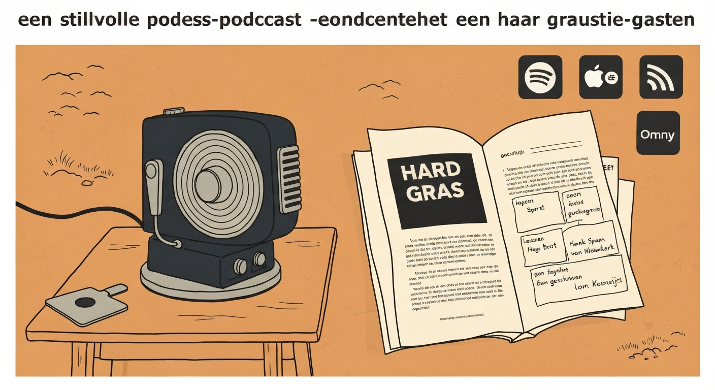 Editorial illustratie met microfoon, open tijdschrift 'Hard Gras' en gastenlijst, gestileerde platformpictogrammen en RSS-icoon