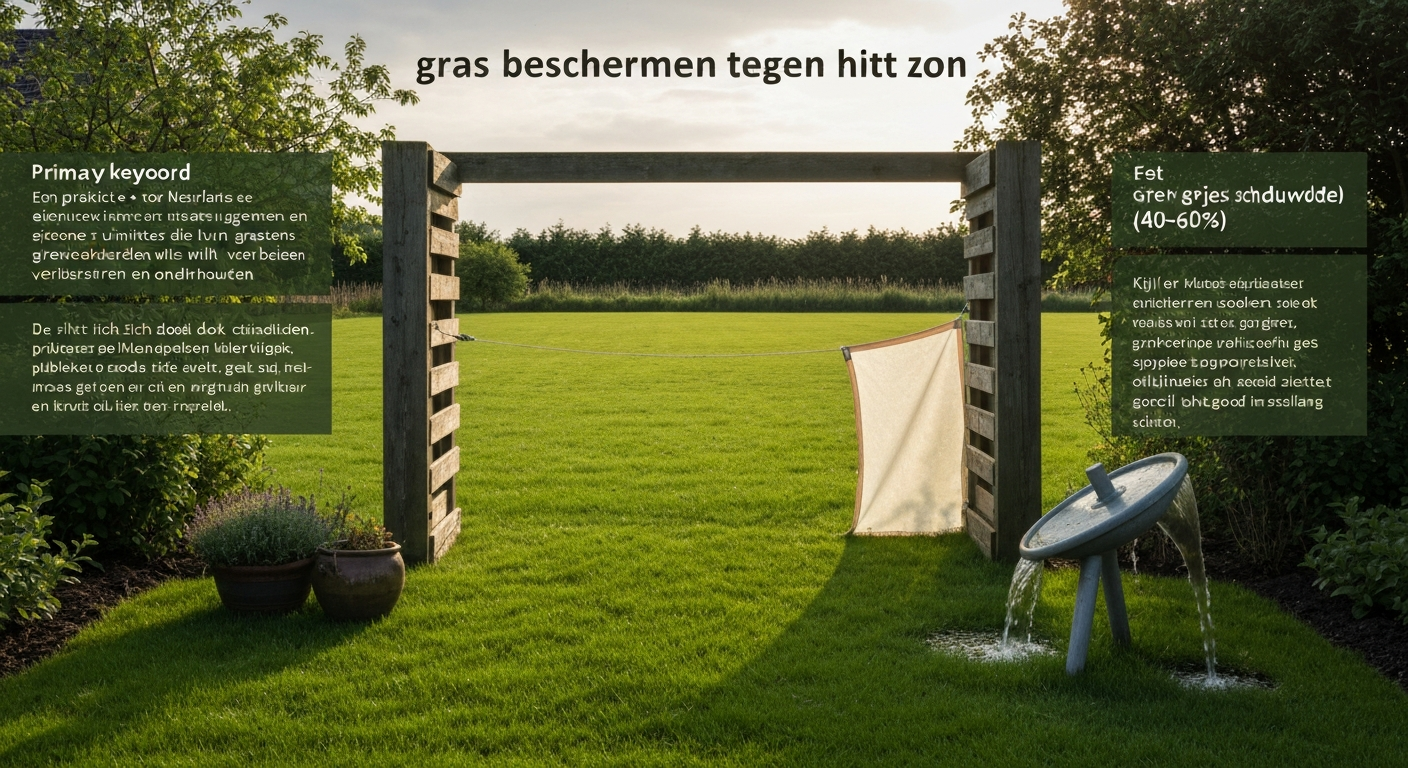 Ochtendbeeld van een Nederlands gazon met schaduwdoek, regenton en pop-up sproeier die water geeft; duidelijk een beschermde gazonopstelling tegen hitte.