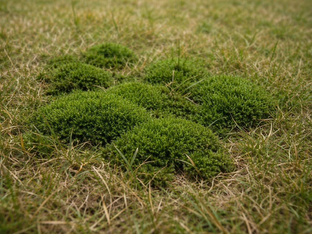 Close-up van donkergroene mosvlekken tussen zwakker, vergeeld gras in een gazon