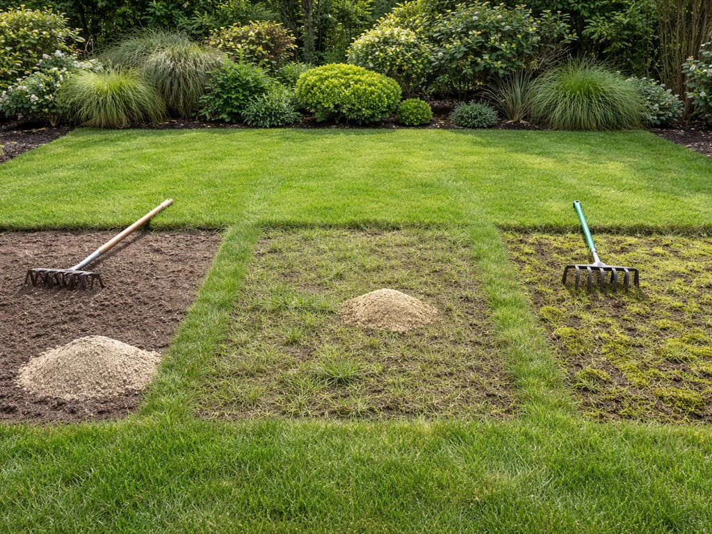 Buitenegale tuin met drie eenvoudige, afgebakende vakken: kale plek, dun gras en vlekkerig mos, elk met passende eerste