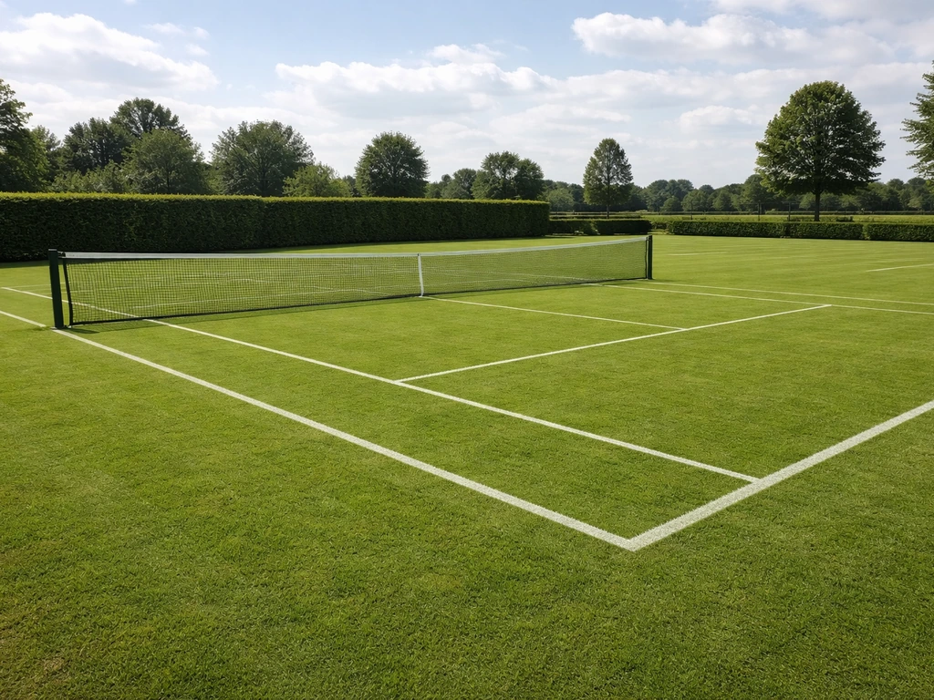 Volle groene gras tennisbaan in Nederland met zicht op de lijnen en een verzorgde, dichte grasmat.