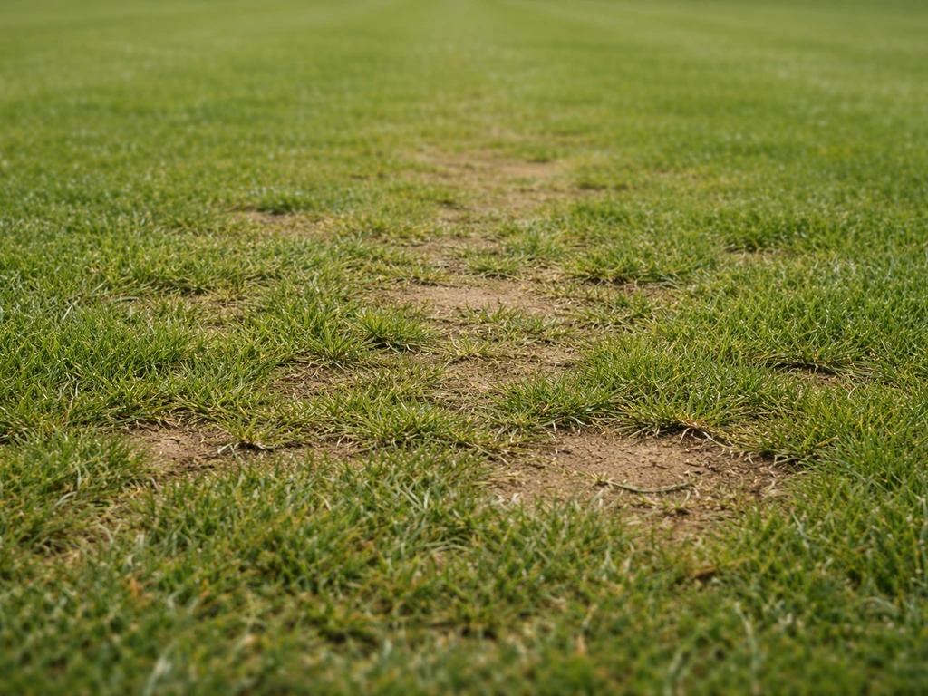 Close-up van een gras tennisbaan met duidelijke speelsporen en beschadigde zoden.