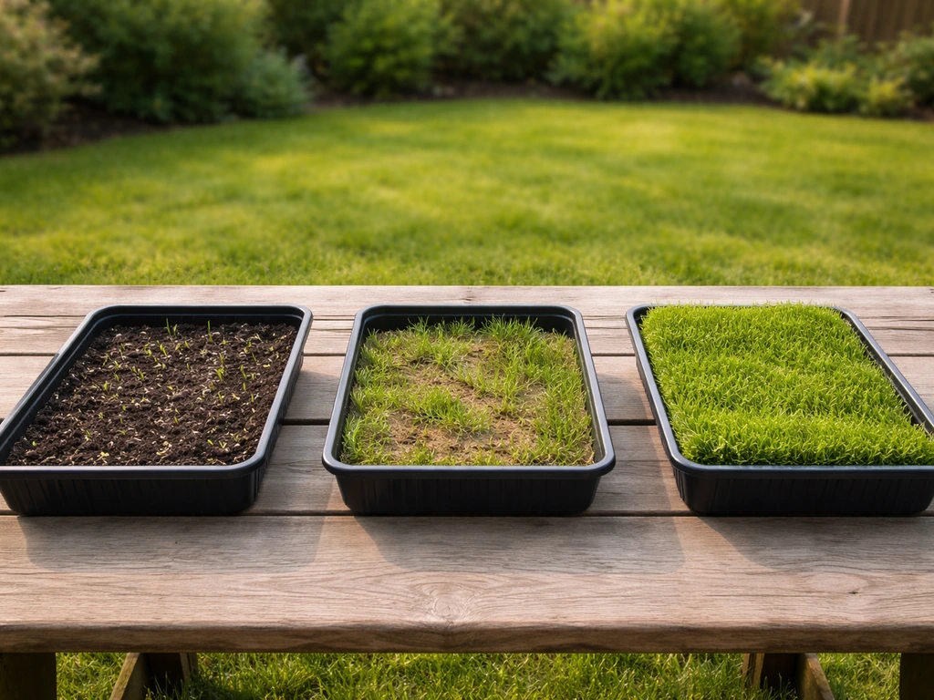 Drie naast elkaar liggende bakjes: kale grond met zaad, dun gras met schade en verse graszoden.