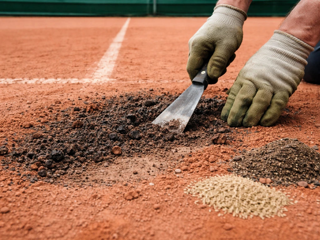 Handen schrapen een kale plek op een tennisbaan en maken deze klaar voor herinzaaien