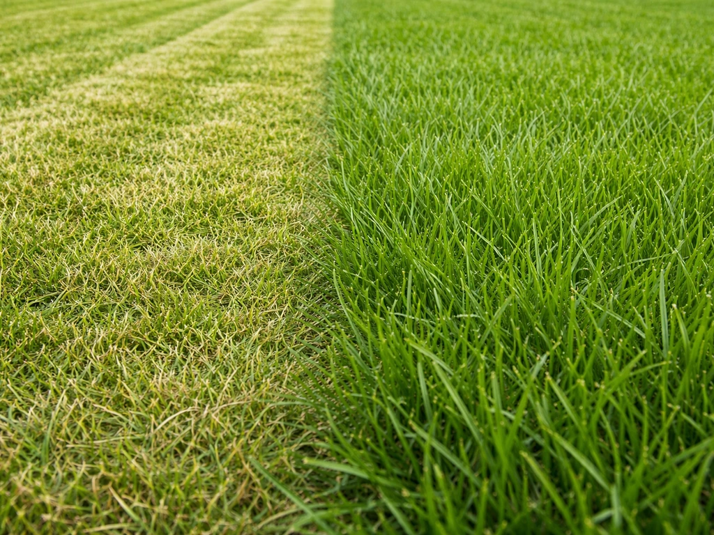 Gazon met twee stroken: links te kort gemaaid en rechts iets hoger en gezonder groen gras.