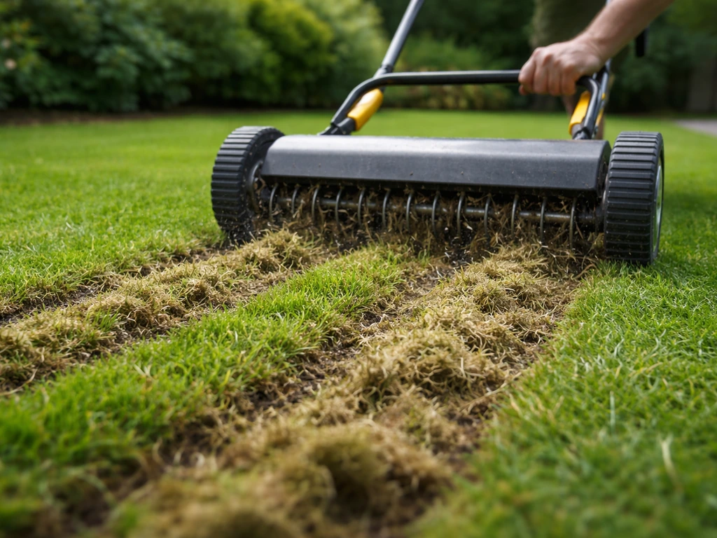 Verticuteerrol in een gazon, waarbij vilt en mos als zichtbare sneden/uitkamsporen omhoog komen.