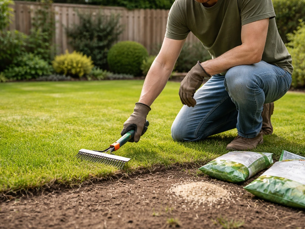Onherkenbare tuinier die verticuteert aan een dicht groen gazon, met mestkorrels en zaad in een rustige achtertuin.