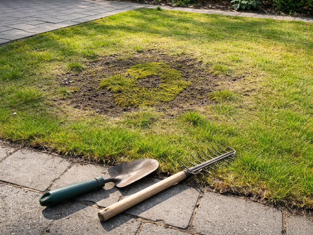 Close-up van een gazon met mos en verdichte plekken, met tuingereedschap naast het gras.