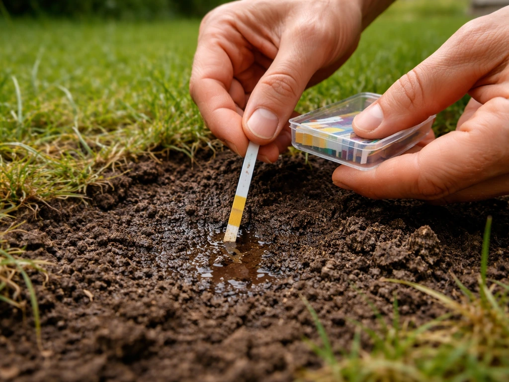 Hand met pH-meetstrip op aarde van het gazon, close-up met subtiele grasdetails.