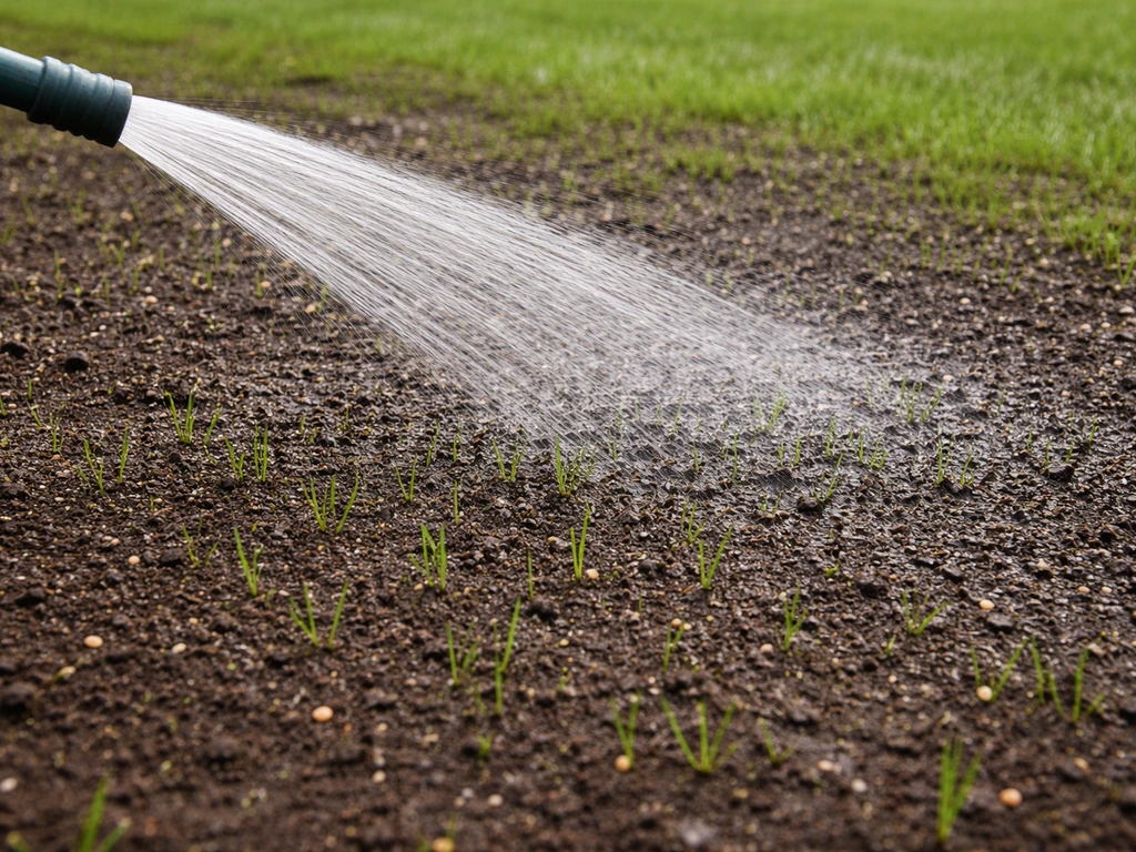 Gericht sproeien op een vochtig, net ingezaaid gazon met kiemende graszaadjes.