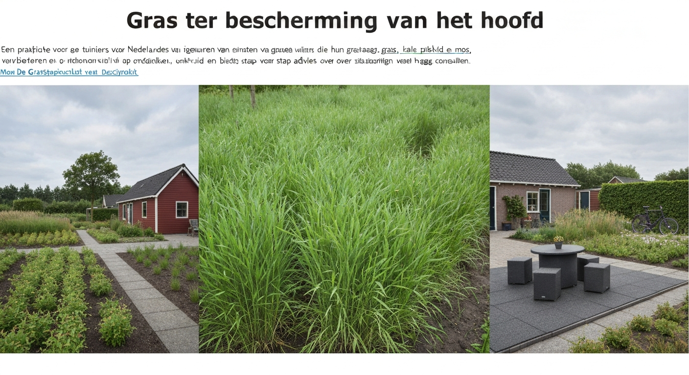 Vroege-ochtendoverzicht van een Nederlandse achtertuin met gezond gazon (±6 cm), sproeier en grasbeschermingsmatten klaar voor een feest.