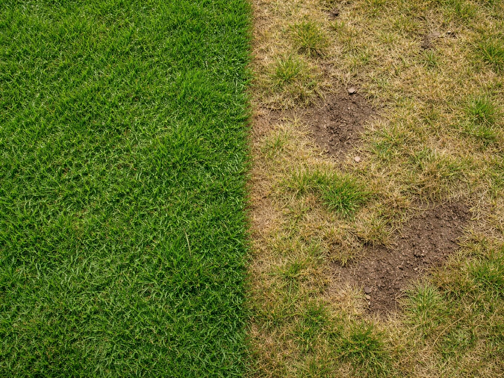 Bovenaanzicht van een gazon met een gezond stuk naast een beschadigd deel met geel gras en kale plekken.
