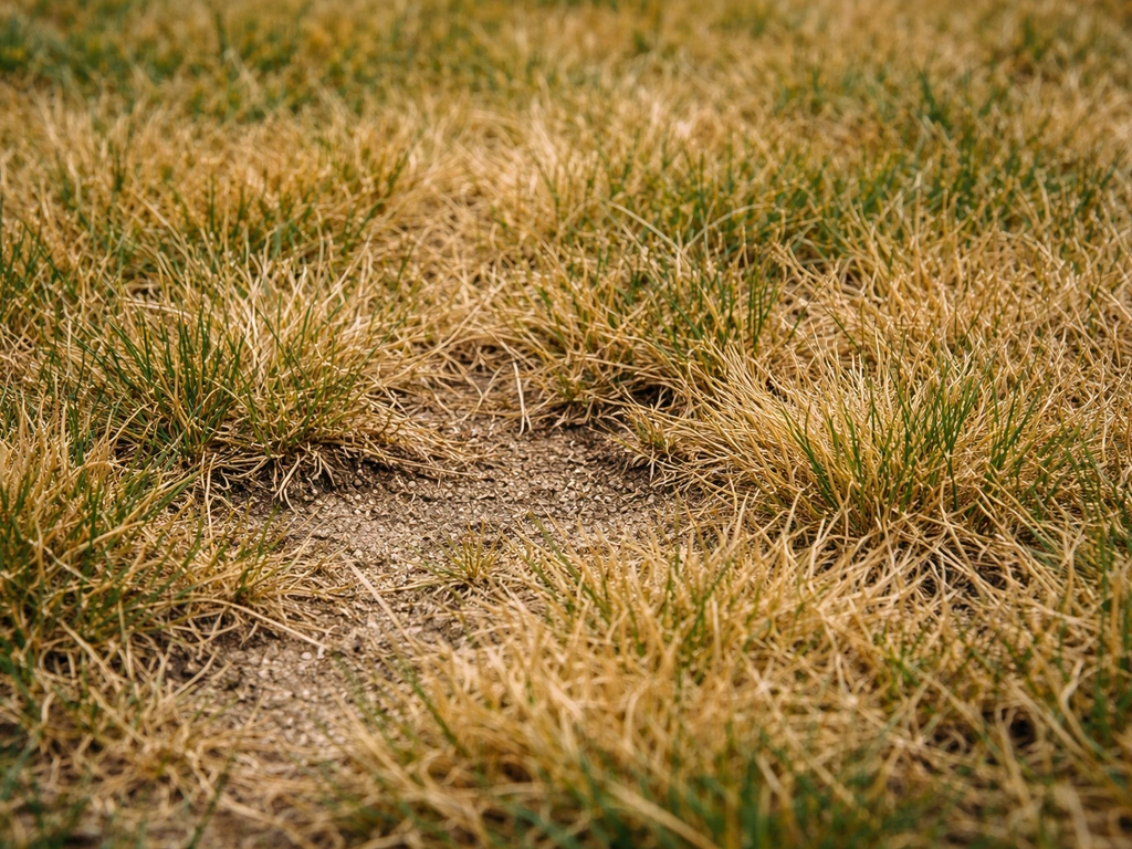 Close-up van geel, droog en stug gras met ongelijkmatige kleurplekken en kale bodem tussen de sprieten.