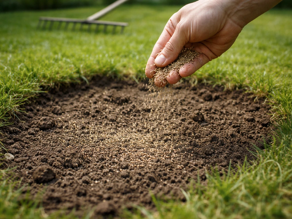 Bewerkte kale plek in het gazon met uitgestrooid graszaad en losgemaakte aarde met hark zichtbaar.