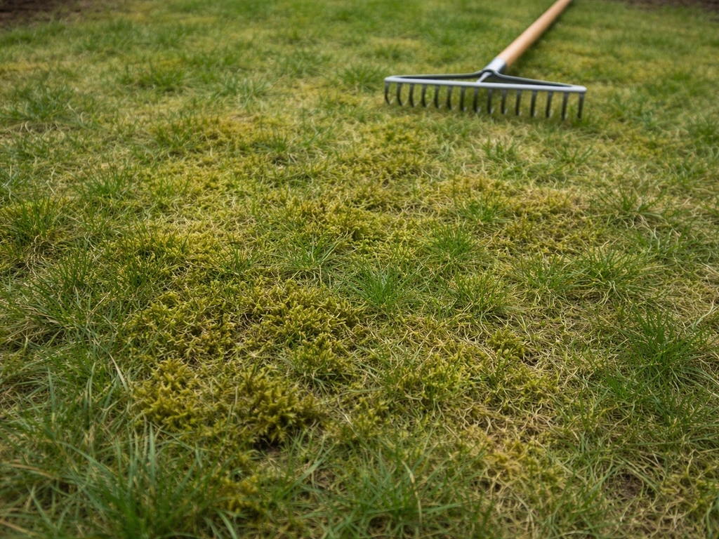 Bovenaanzicht van een Nederlands gazon met mos tussen het gras en een hark/verticuteerkrab op de achtergrond.