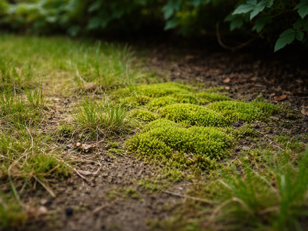 Close-up van mos tussen dun en schraal gras met kale, schaduwrijke plekken
