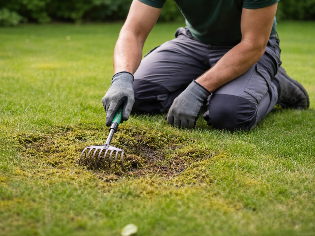Tuinier bereidt een gazon voor: gras kort maaien en mos gericht verwijderen met een hark/verticuteerblad.