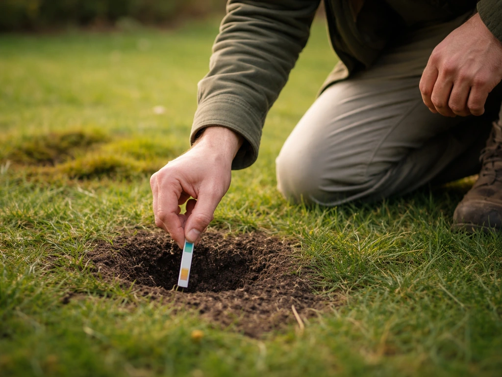 Tuinier steekt een pH-teststrip in de grond; mosplekje zichtbaar op de achtergrond.