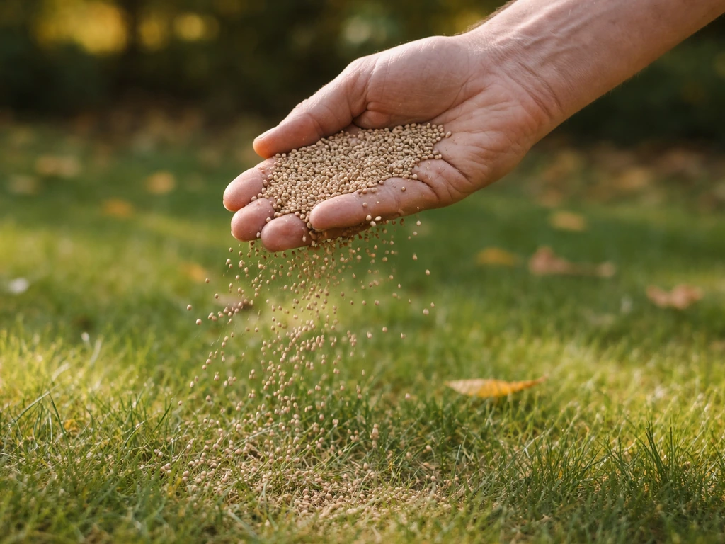 Hand die herfstgrasmestkorrels strooit over een gazon in oktober, met nadruk op najaarsbemesting.