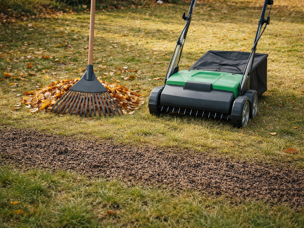 Twee tuingereedschappen naast elkaar op een gazon met vers bemeste stroken en herfstbladeren op de grond.