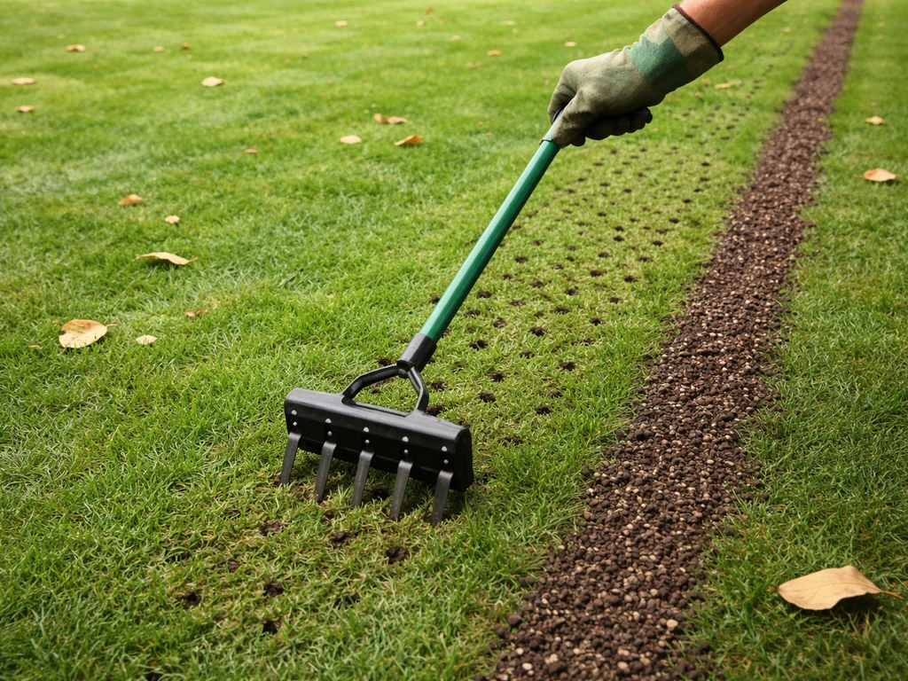 Hand met gazonluchter prikt gaten in het gras, met mestkorrels op de achtergrond, begin oktober.
