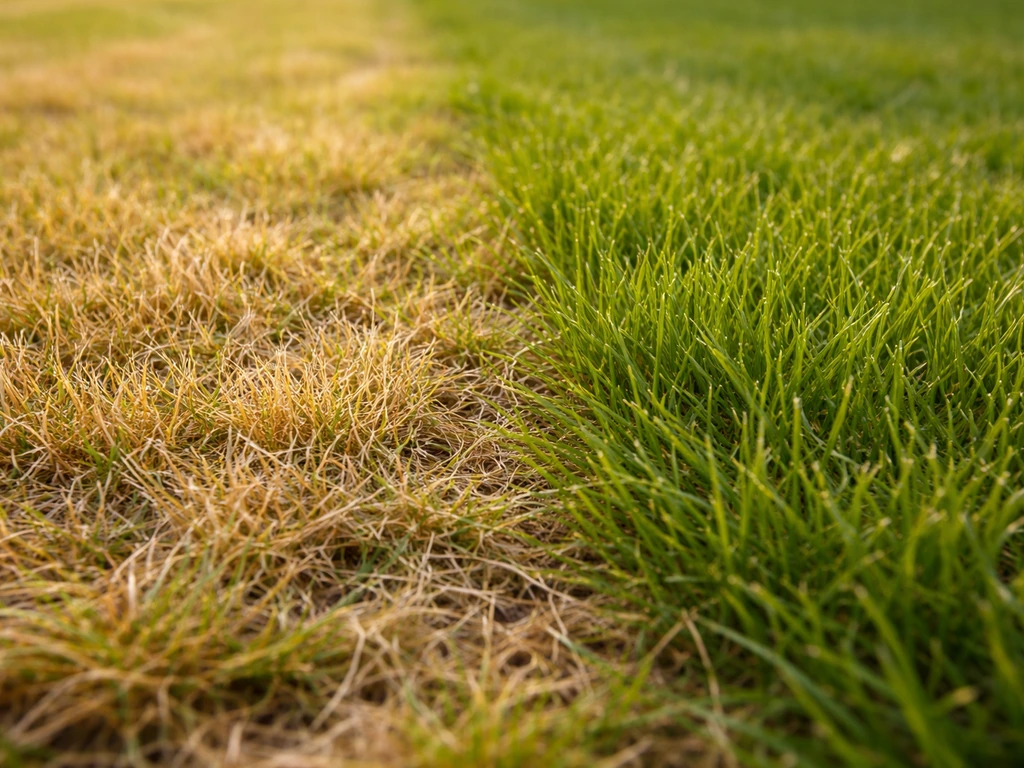 Close-up van geel/vaal gras met duidelijk kleurverschil naast groener gras, op een rustig gazon.