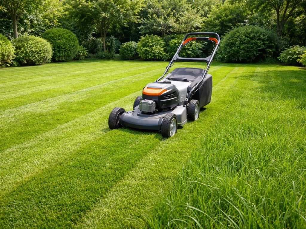 Gelijkmatig vers gemaaid gazon met grasmaaier op 3–4 cm hoogte, rustige tuin, geen mensen.