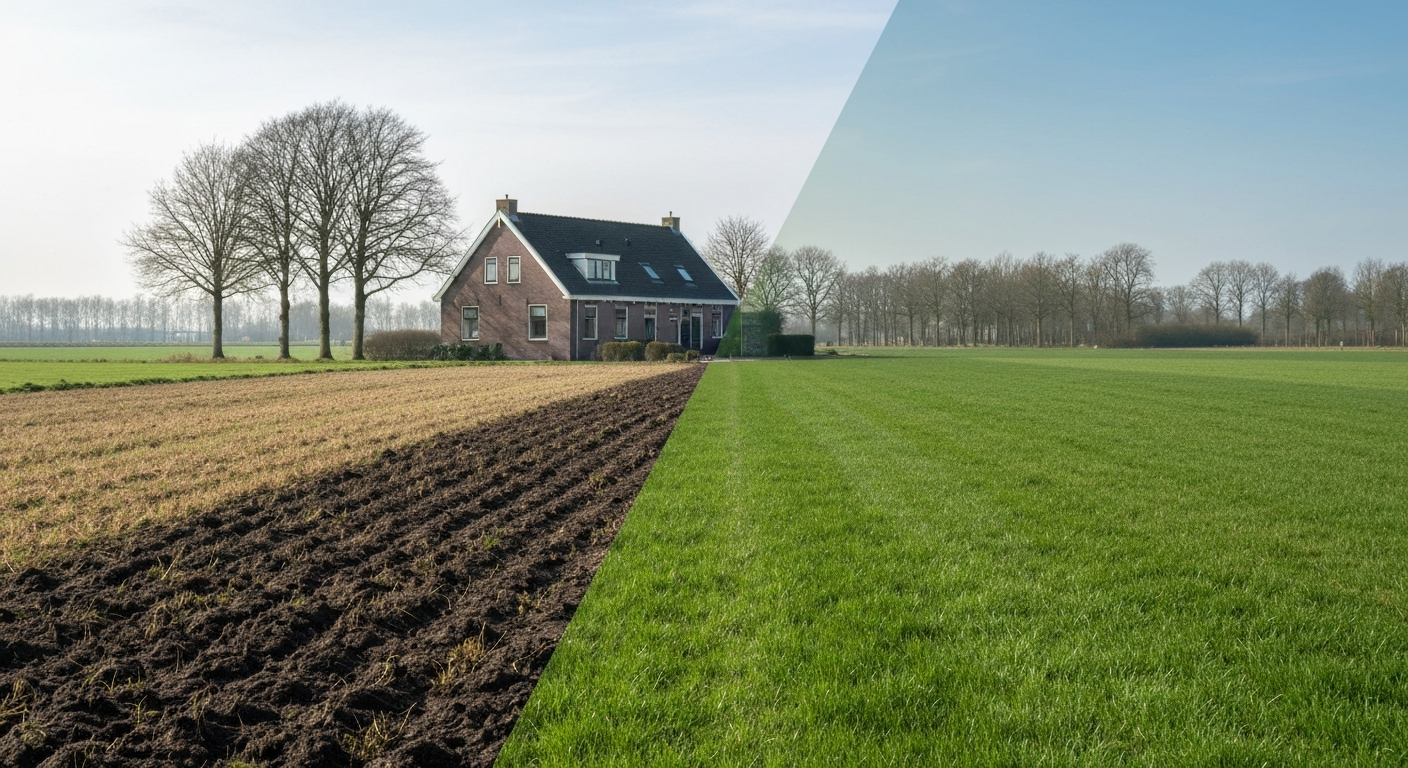 Gazon met kale plekken en herstellend groen gras na de winter in een Nederlandse tuin