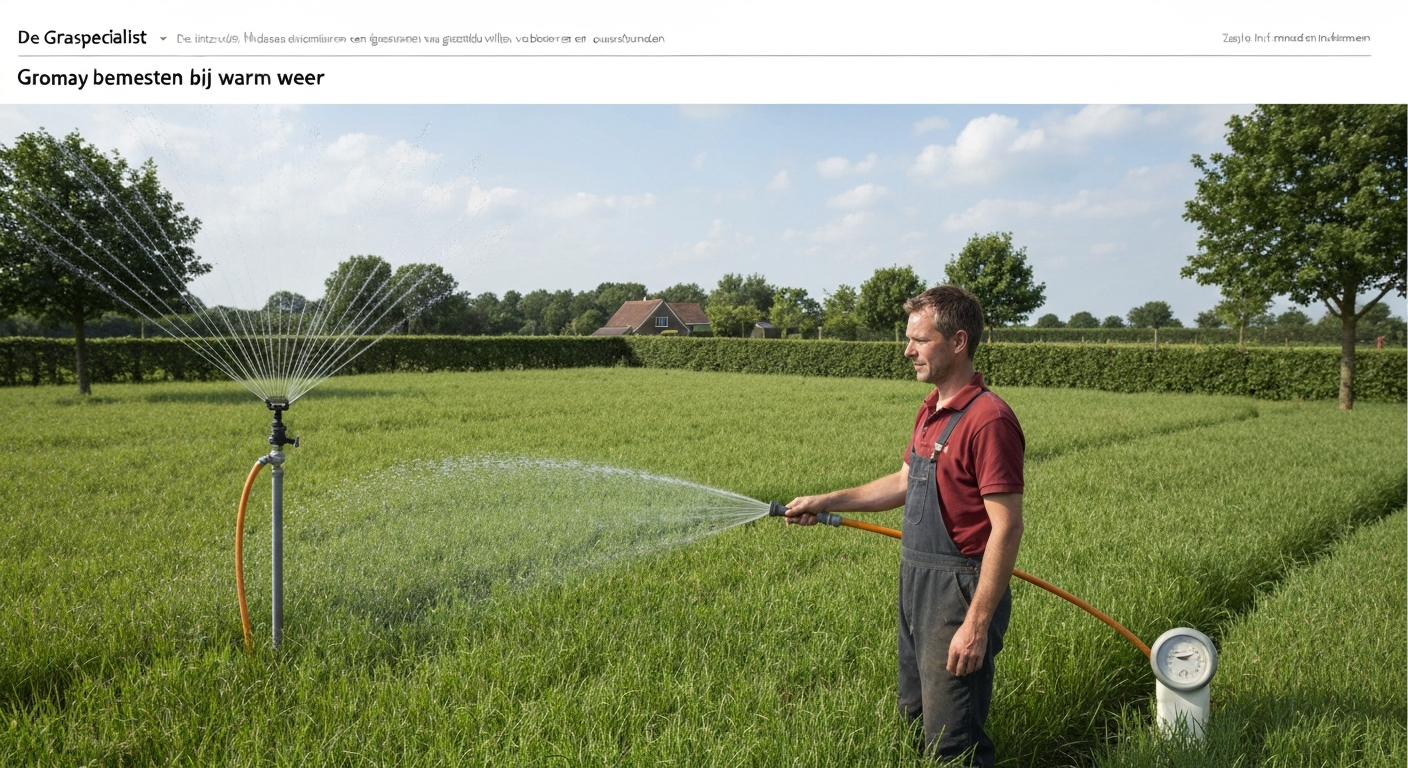 Zomerse Nederlandse achtertuin: iemand strooit traagwerkende gazonmest in de vroege ochtend naast een sprinkler (thermometer rond 22 °C).