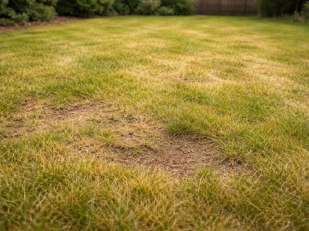 Lichtgeel/geelgroen gazon met ongelijkmatige kleur en kale, slechtere plekken in de tuin