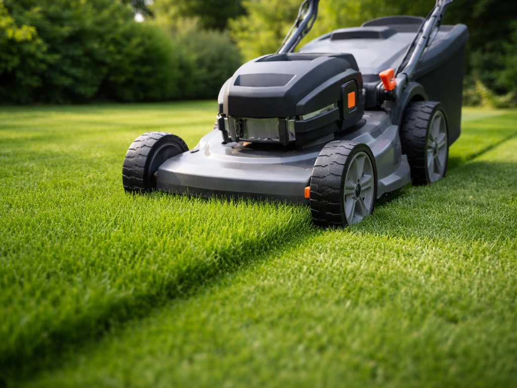 Gazonsprinkler maaier maait siergazon op 4–5 cm, gras lijkt fris en groen