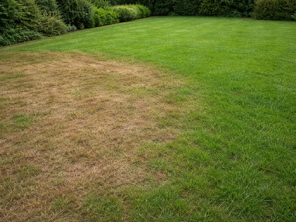 Nederlands gazon met licht- tot roodbruine plekken naast een groen gedeelte, zichtbaar contrast