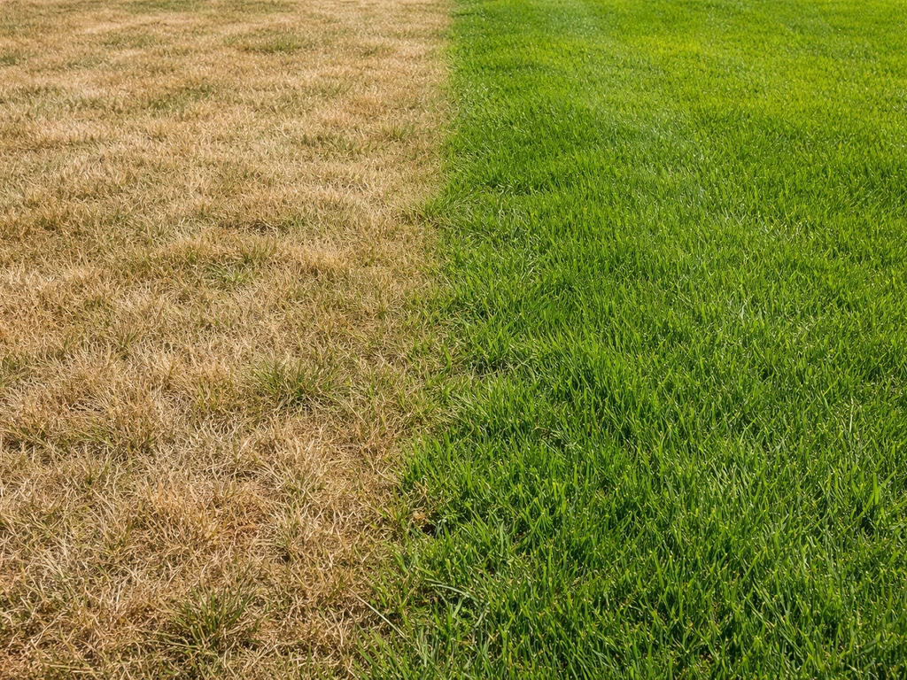 Egaal lichtbruin gazon met enkele frisgroene zones, zichtbaar kleurverschil als signaal van stress