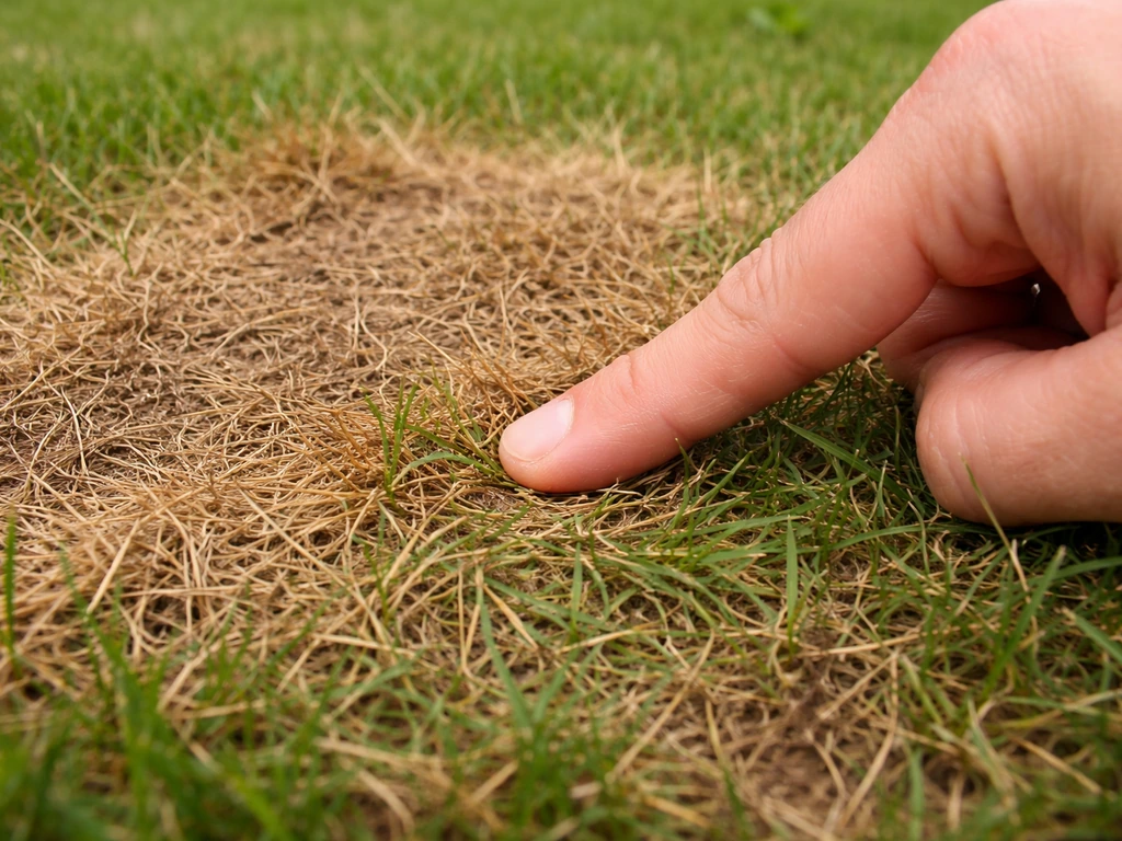 Hand drukt met duim op bruin gras; grassprieten veren wel/niet terug als bodemtest.