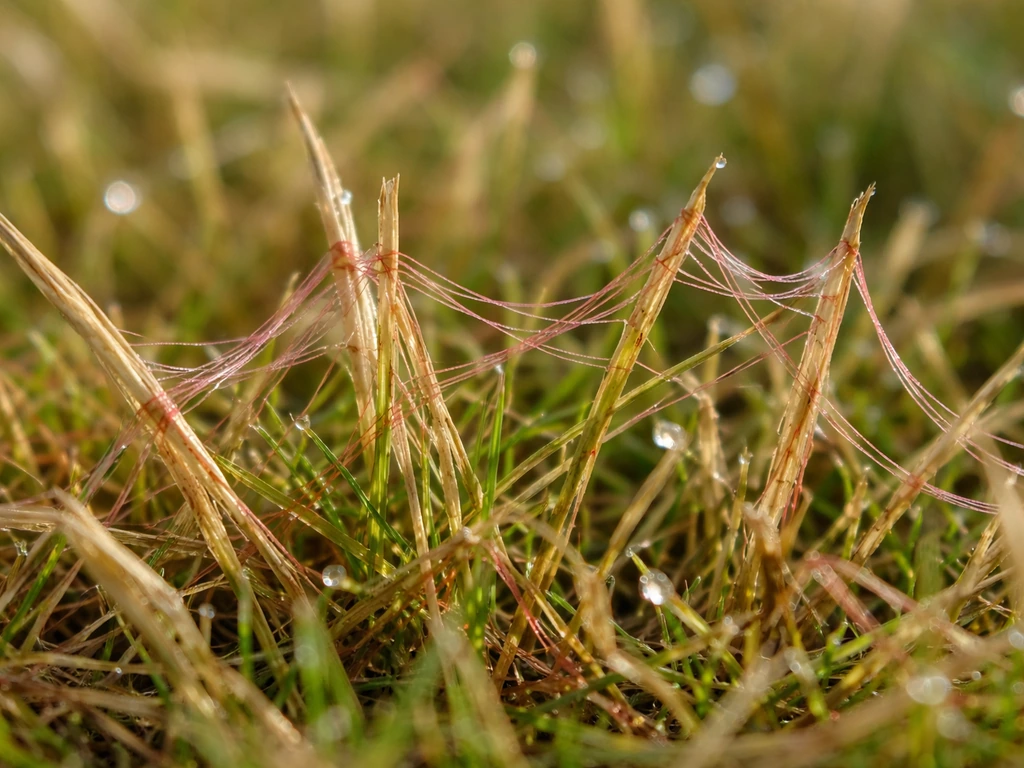 Close-up van bruine grassprieten met rooddraad (rode/roze draadjes) zichtbaar tussen de sprieten.