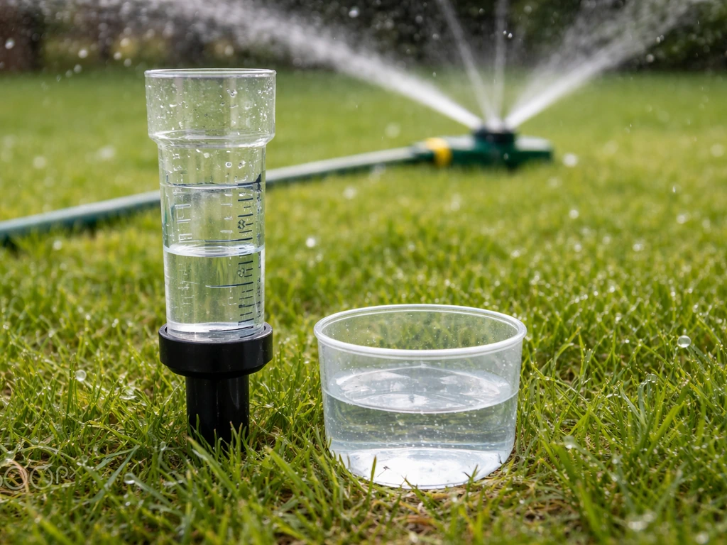Close-up van regenmeter en afgemeten bakje met water naast een sproeier in een tuin die nat wordt.