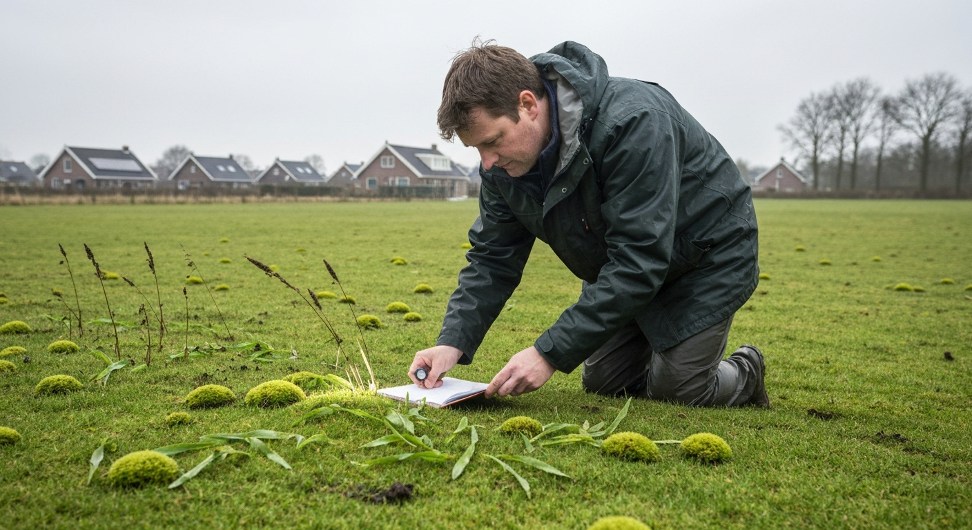Fotorealistisch beeld van een Nederlands gazon in februari met mosplekjes en iemand die het inspecteert