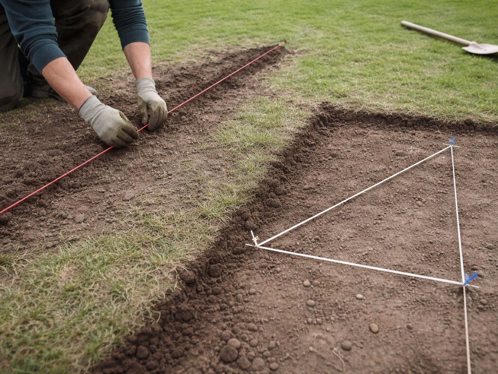 Anonieme tuinwerker tekent een scheve en een haakse afsteekhoek met koord op het gras, met 3-4-5 controle.
