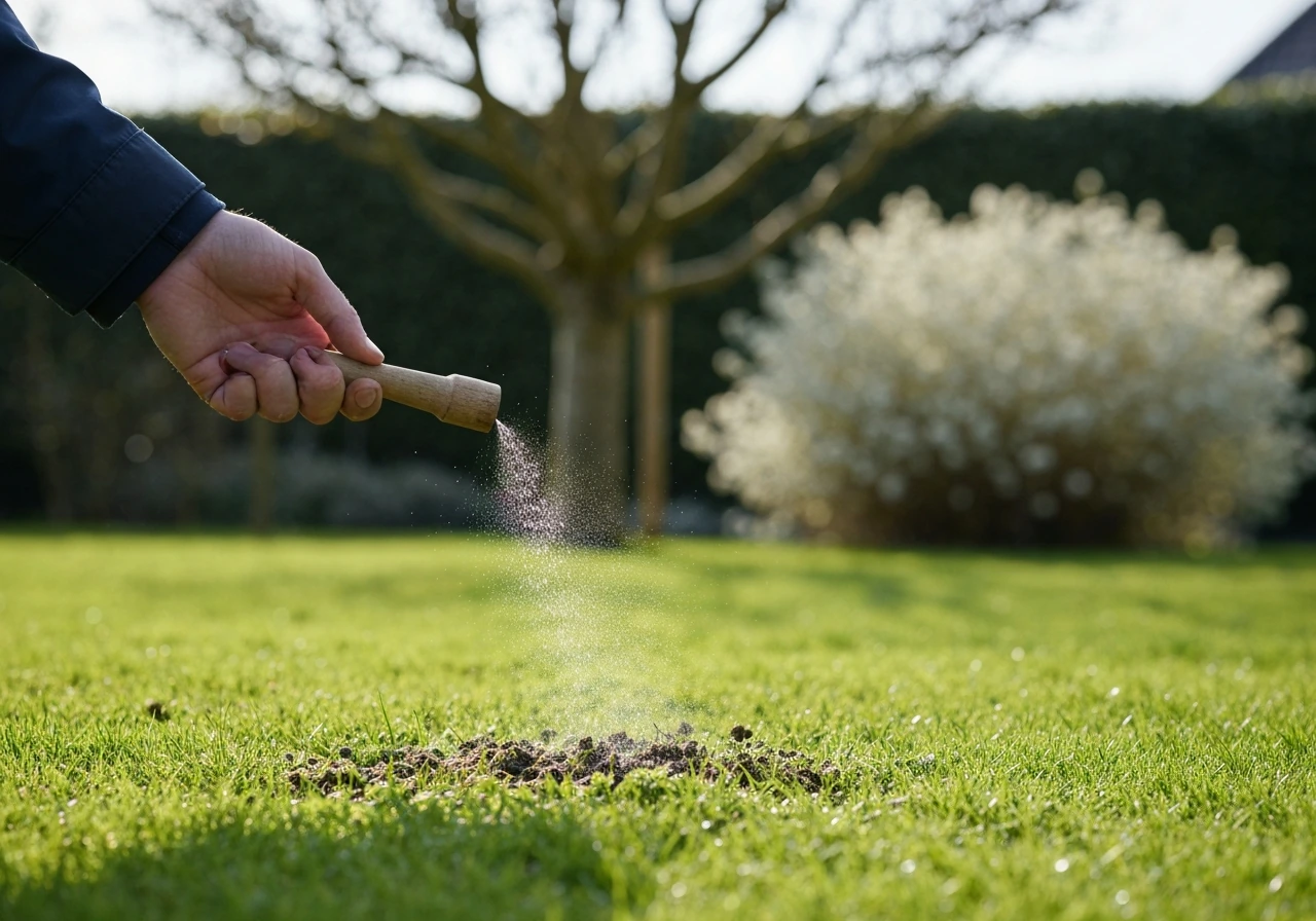 Herfstgazon in een rustige tuin met een strooier die mestkorrels over het gras verspreidt.